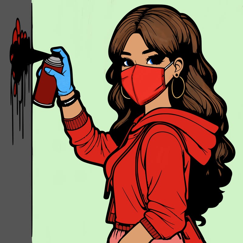 realistic girl with mask spray painting a wall