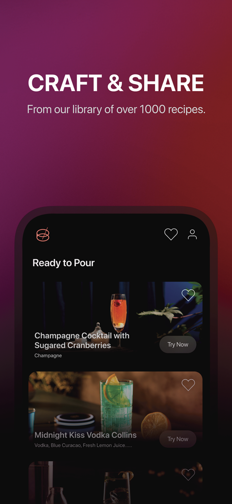 Barsys - Interfaz de la aplicación Barsys que muestra una lista de recetas de cócteles seleccionadas listas para servir.