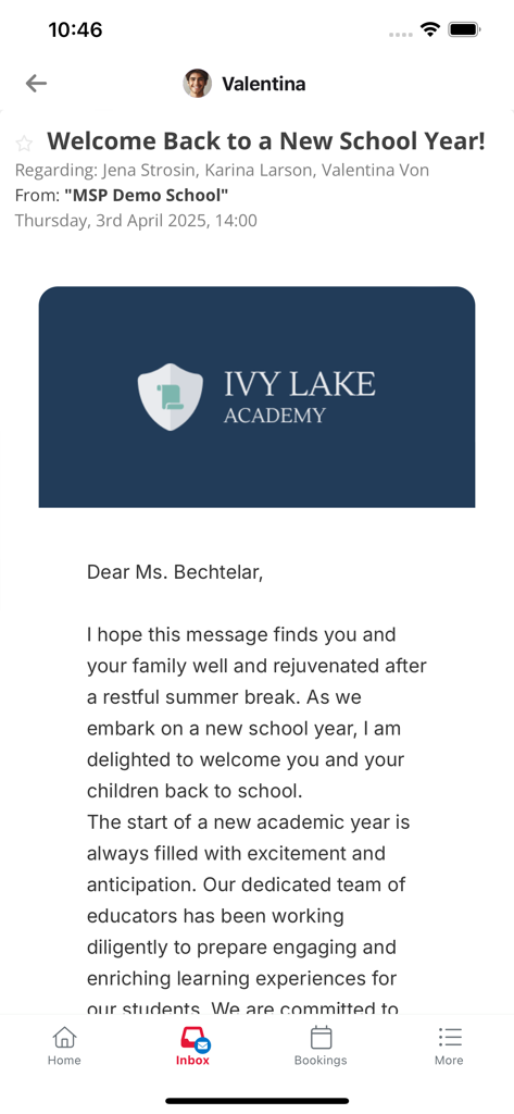 Access My School Portal - The inbox screen of the Access My School Portal app displaying a welcome back message for the new school year