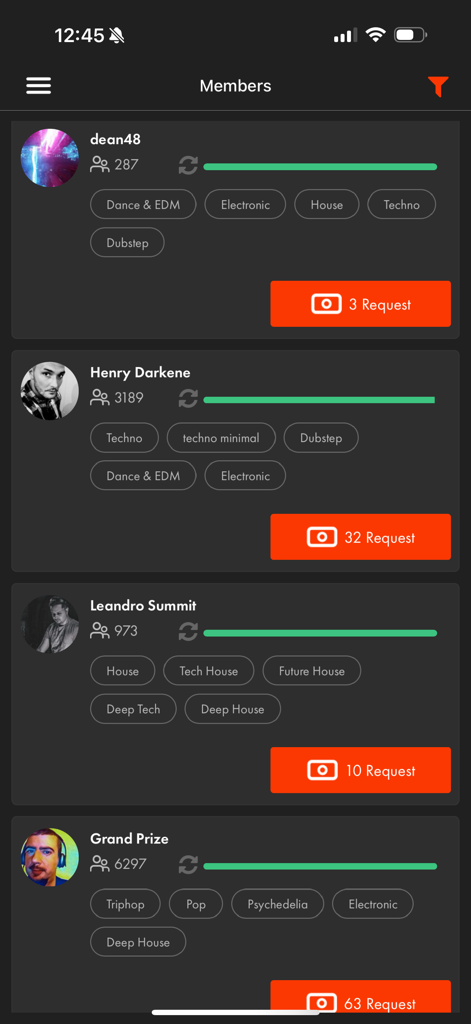 Mobile app screen showing a list of music artist members with their genres and request counts on RepostExchange