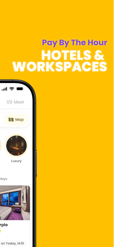 Flow app interface on a yellow background with the headline Pay By The Hour Hotels and Workspaces
