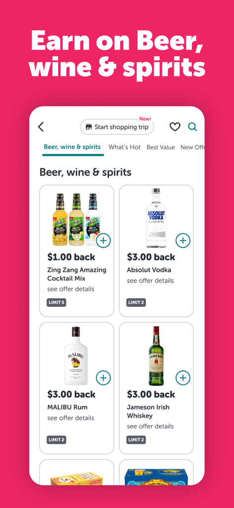 Ibotta: Save & Earn Cash Back - Interfaz de la aplicación móvil Ibotta que muestra varias recompensas de reembolso para cerveza, vino y licores como vodka, ron y whisky