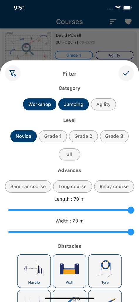 Configurações de filtro no aplicativo Agility Click and Run para cursos de treinamento de cães