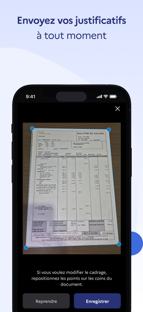 Smartphone interface of the Mon Espace France Travail app scanning a payslip for submission.