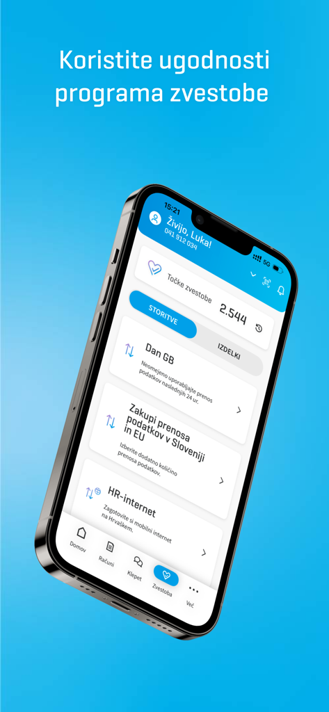 Moj Telekom app interface on a smartphone displaying loyalty program points and mobile data package options