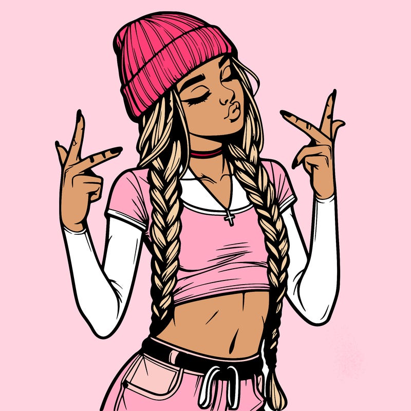 realistic teenage girl with braids and a beanie and crop top doing 🫶🏼