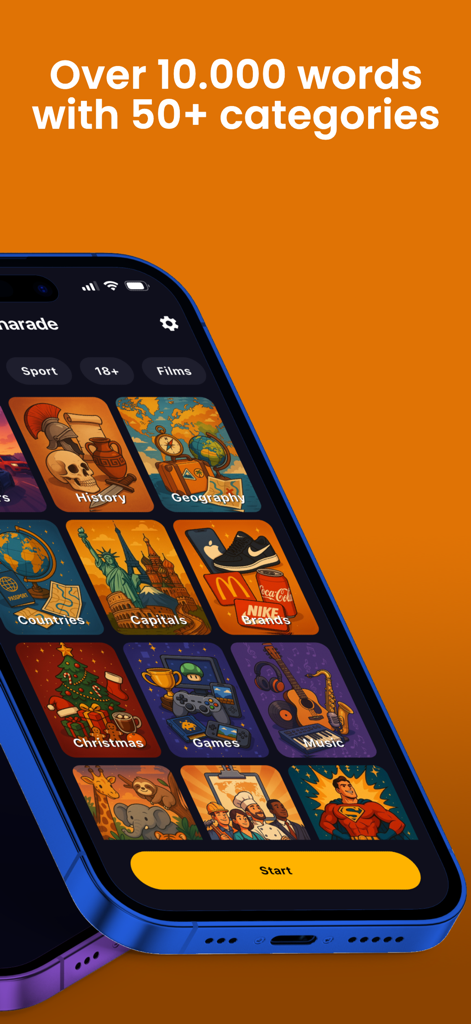 Charades - Who Am I?!? - Selection screen of the Charades party game showing themed decks like History, Geography, Brands, and Christmas.