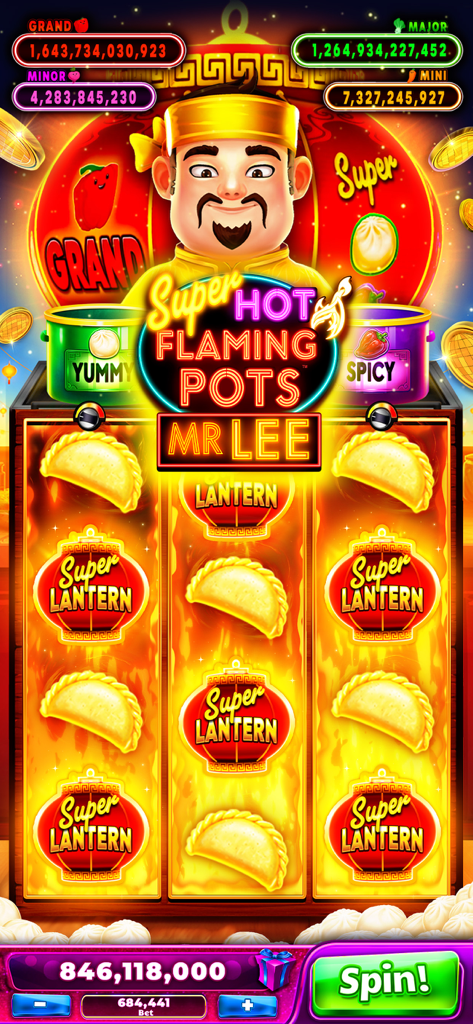 Una captura de pantalla de la tragamonedas Super Hot Flaming Pots Mr Lee en la aplicación Jackpot Party Casino