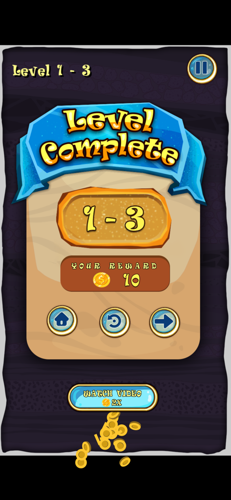 Plumber: Water Connect Flow - Pantalla de nivel completado en Plumber Water Connect Flow mostrando una recompensa de 10 monedas por terminar el nivel 1-3.