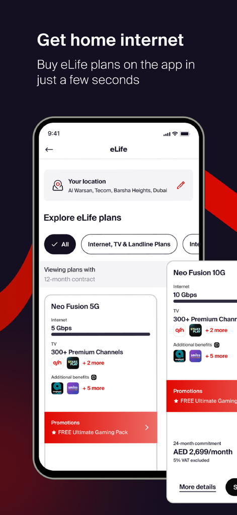 Interfaz de la app e& UAE que muestra planes de internet y TV para el hogar eLife