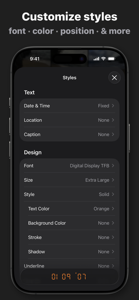 DateStamper - Interface of the DateStamper app showing options to customize the font color and style of photo timestamps