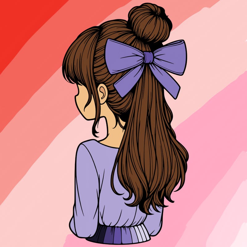 realistic girl  with hip length hair a bun and a big bow on the back of head