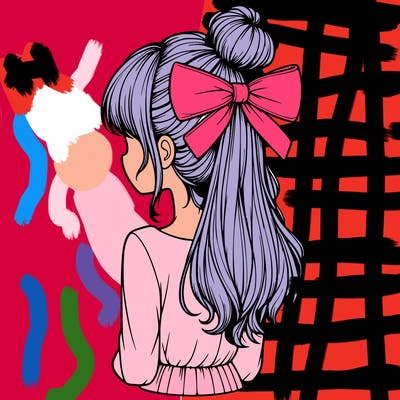 realistic girl  with hip length hair a bun and a big bow on the back of head