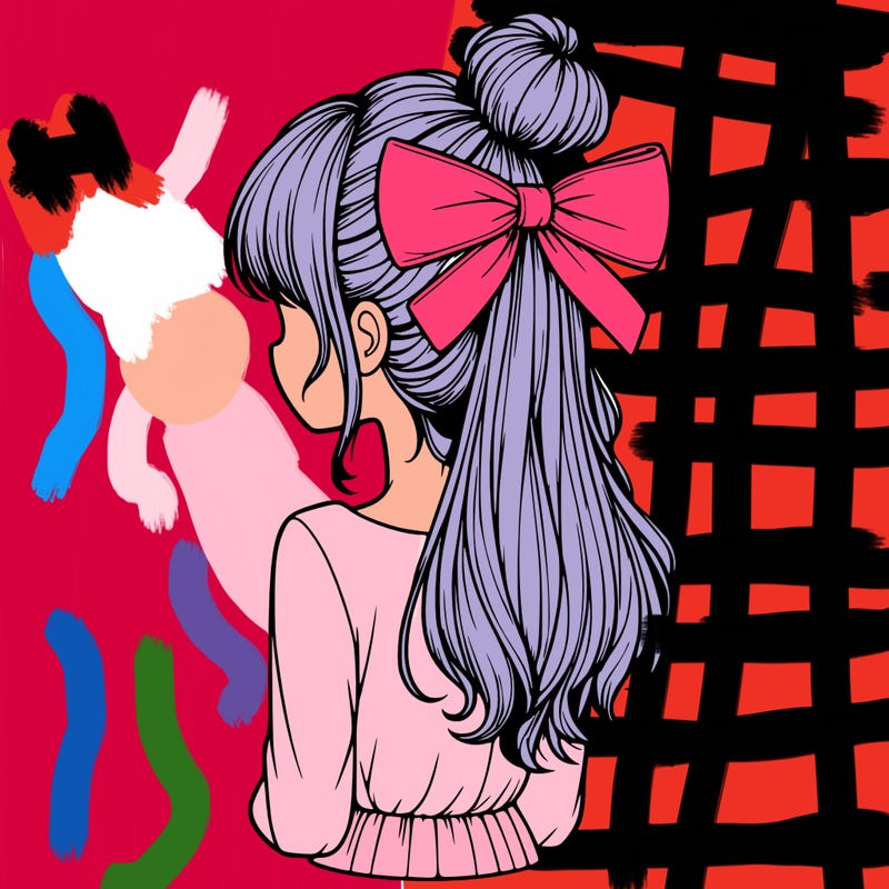 realistic girl  with hip length hair a bun and a big bow on the back of head