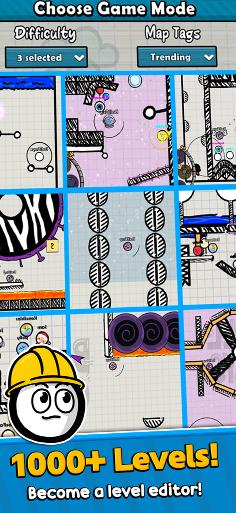 Ball Guys : Stumble & Fall - Écran de sélection de mode de jeu Ball Guys montrant l'éditeur de niveaux et une variété de niveaux jouables.