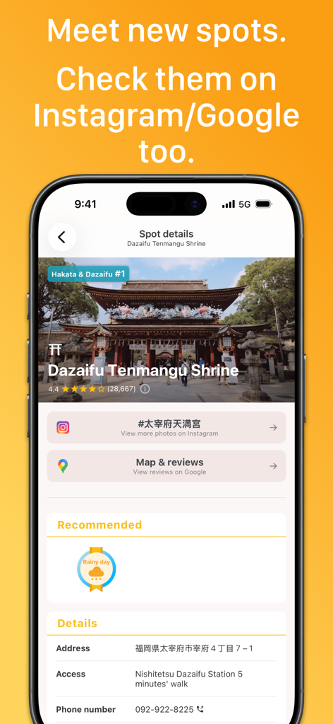 Plaru Japan – Travel with AI - Plaru Japanアプリで、太宰府天満宮の詳細とInstagramおよびGoogleレビューへのリンクが表示されたモバイル画面。