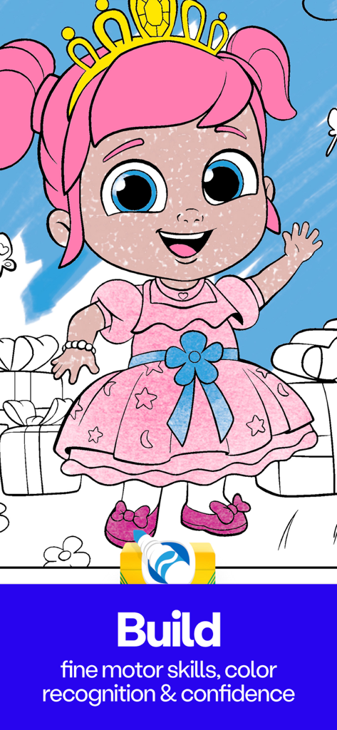 Coloring with Blippi & Friends - Una página para colorear de un personaje de princesa en la aplicación Colorea con Blippi y Amigos que ilustra el desarrollo de habilidades para niños.