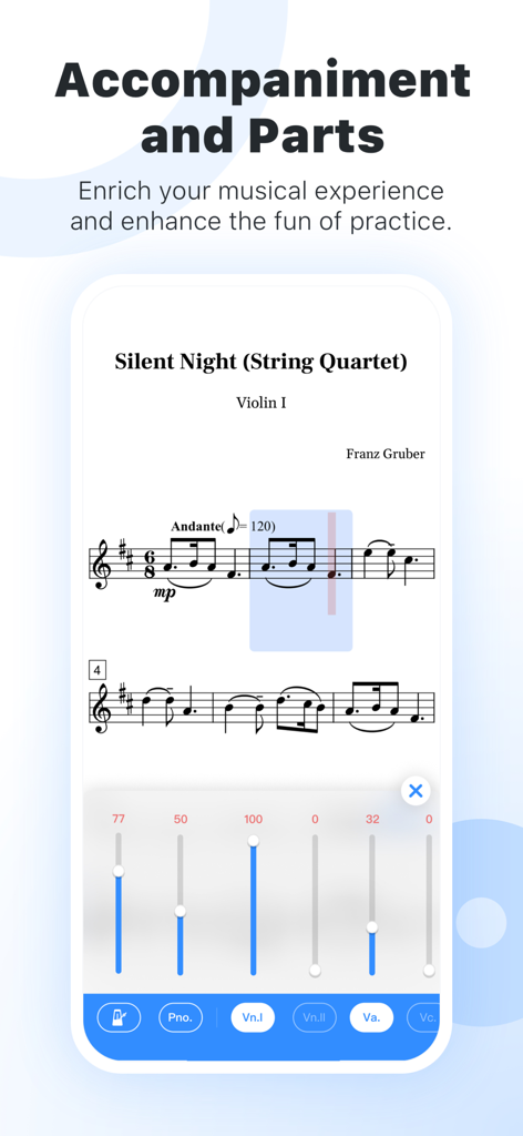 Violy app interface showing violin sheet music with accompaniment and volume controls