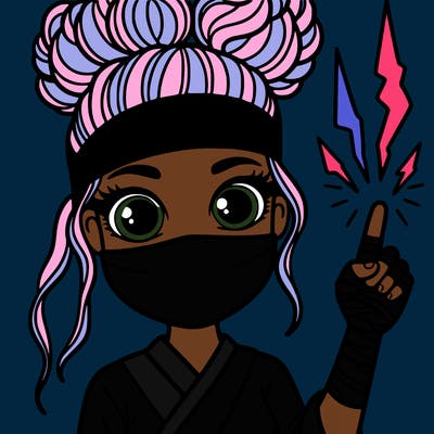 ninja woman with curly hair buns and lighting above her hand