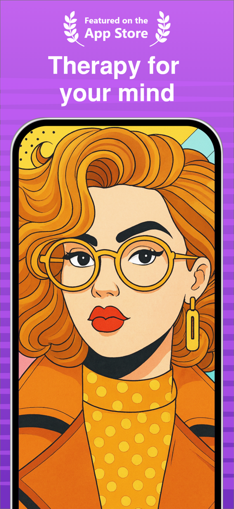 Pop art illustration of a woman with glasses and orange hair on a digital coloring book app screen with the text therapy for your mind.