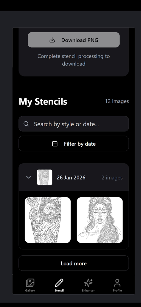 TattooStencilPro - AI Powered - The My Stencils screen of the TattooStencilPro app showing a gallery of AI-generated line art tattoo designs and download options.