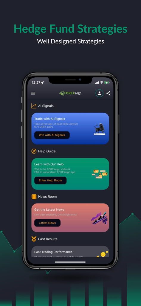 FOREXalgo Trading Signals - FOREXalgo mobile app dashboard showing AI signals and hedge fund strategies for forex trading.
