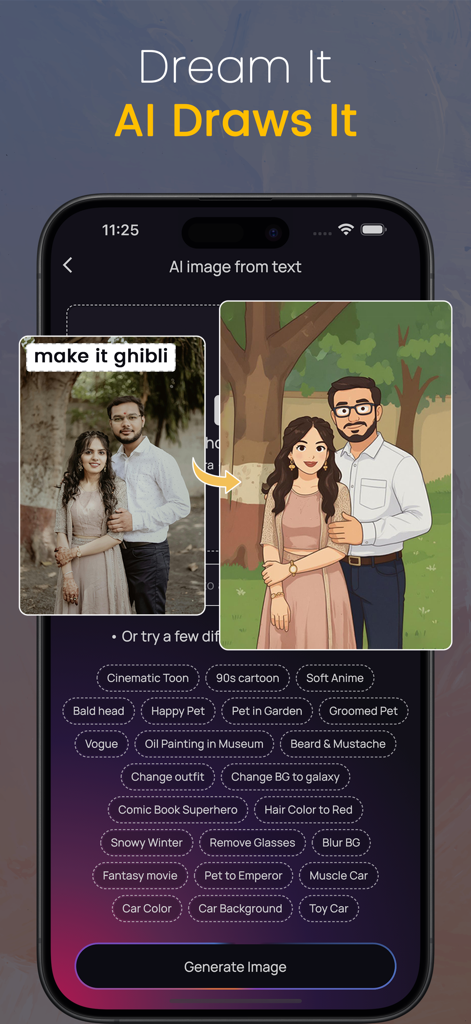 AI Photo Editor : ImageAI - Interface de l'application ImageAI montrant une photo de couple transformée en cartoon style Ghibli à l'aide d'une invite textuelle IA.