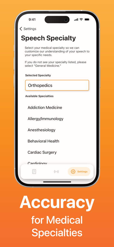 Conveyor AI app settings screen showing a list of medical specialties like Orthopedics to improve dictation accuracy