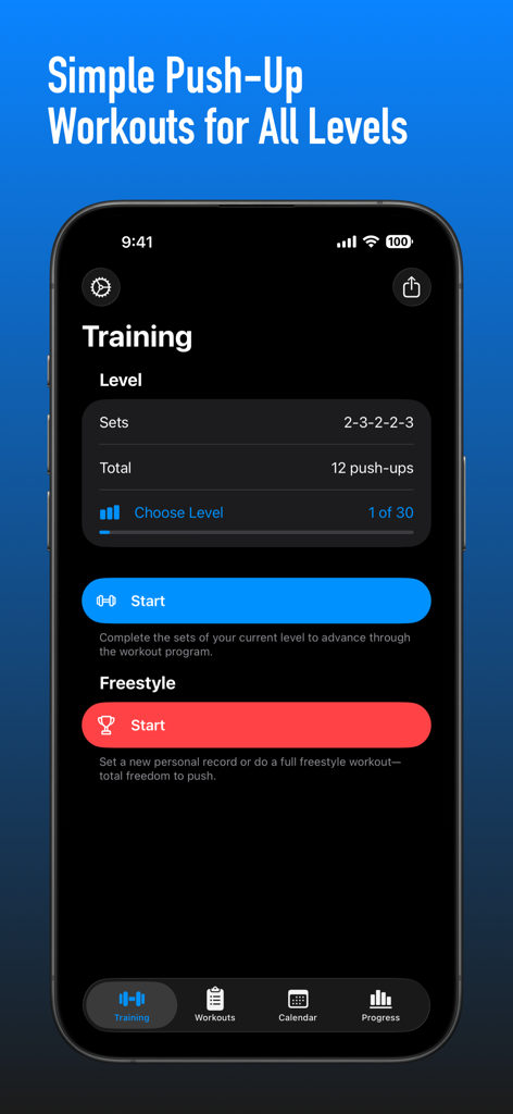 Pushup Tracker: Club Pushanova - 푸쉬업 트래커 앱이 어두운 사용자 인터페이스에서 훈련 레벨 옵션과 프리스타일 운동 버튼을 보여줍니다