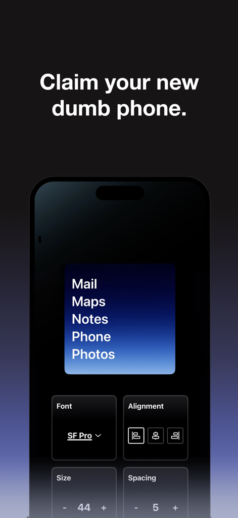 A minimalist text-based app launcher interface for iPhone showing customization options for font size and alignment.