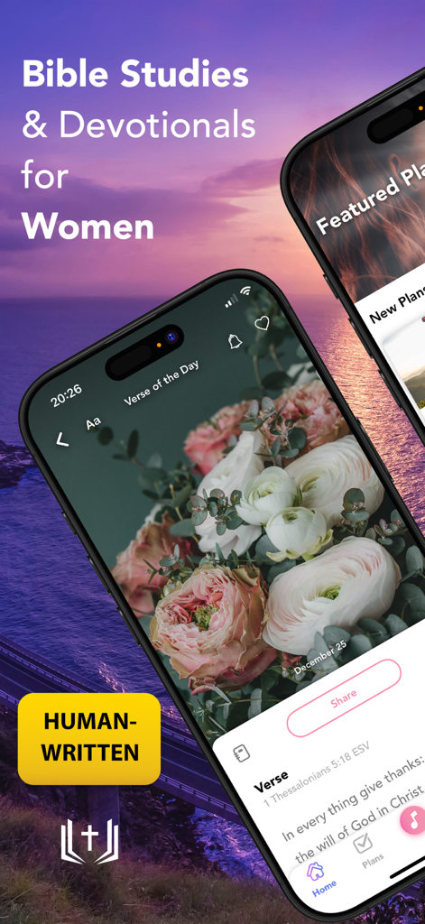 Daily Devotional For Women app interface showing a Bible verse with floral background