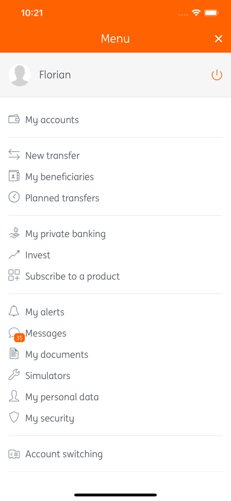 My ING - Main navigation menu of the My ING mobile banking app featuring account and transfer options