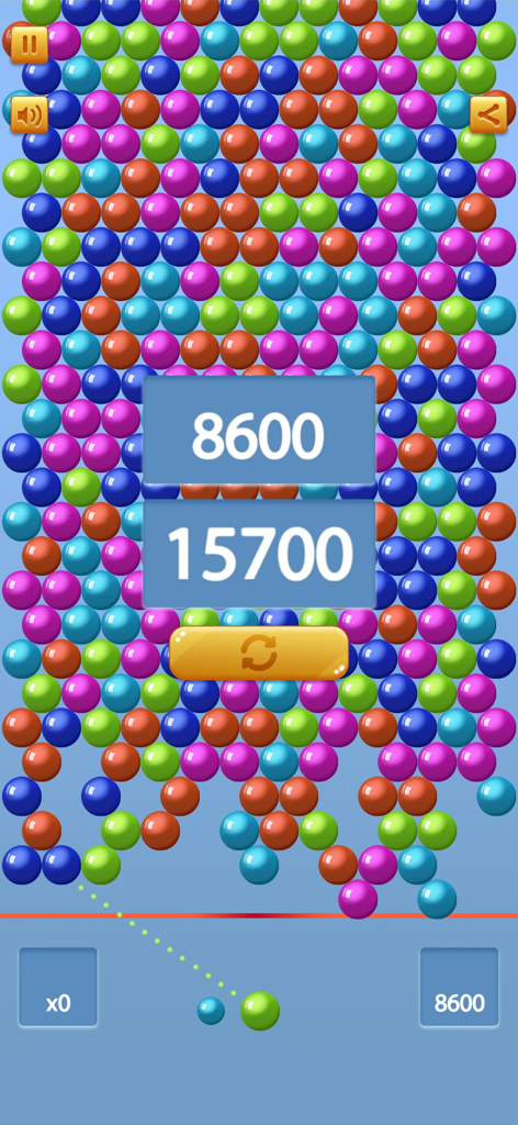Shoot Bubble Pop Game Classic - Score display screen in the Shoot Bubble Pop Game Classic with colorful bubbles and aiming line