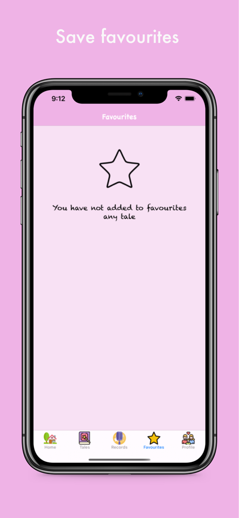 Page des favoris vide de l'application Baby Sleeper ASMR avec une icône d'étoile et une invitation à ajouter des histoires pour le coucher