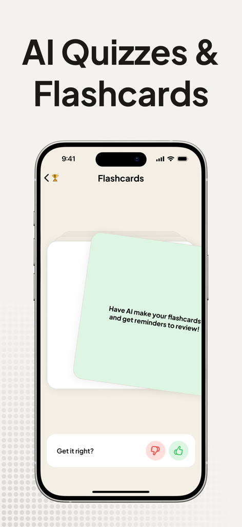 Coconote - AI Note Taker - Coconote 앱 인터페이스, 학생을 위한 AI 생성 플래시카드 및 퀴즈 표시