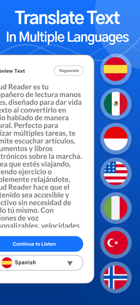 Read Aloud TTS: Text to Speech - Read Aloud TTS app interface showing the translation feature with text in Spanish and various national flags.