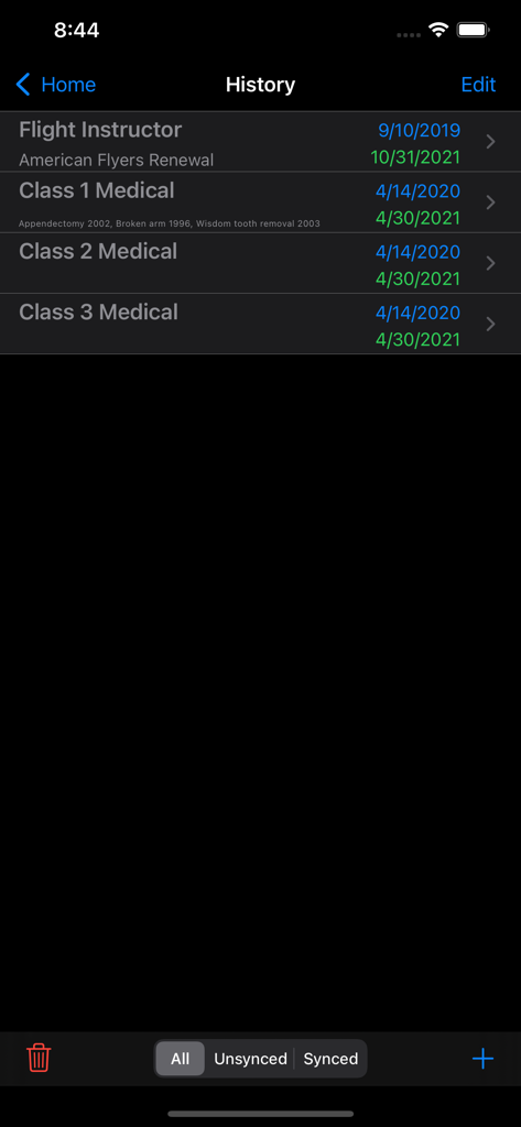 A pilot history screen in the Logbook Pro app showing flight instructor and medical certificate renewal dates and medical history notes.