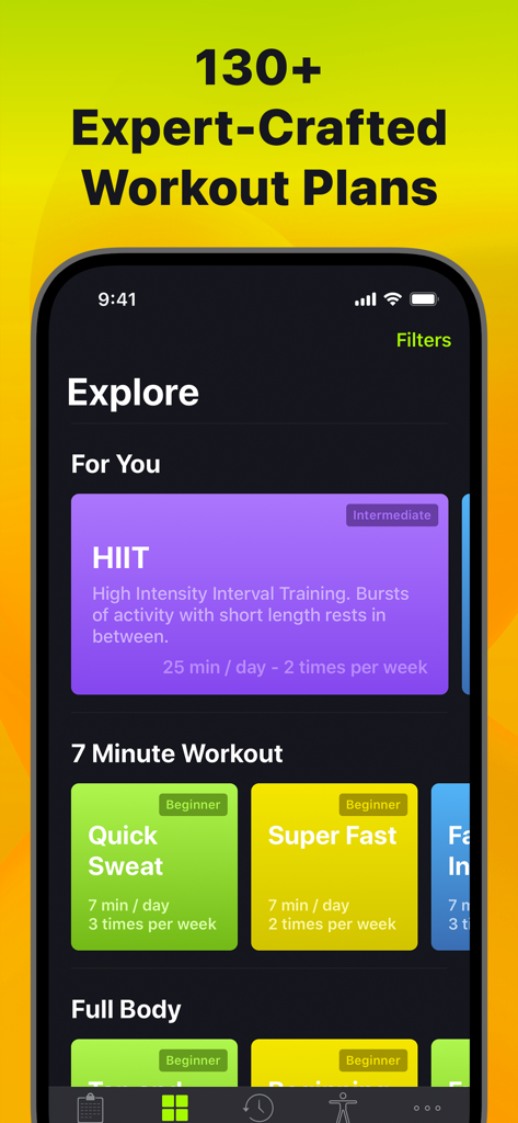 SmartGym app explore screen displaying various expert-crafted workout plans like HIIT and Quick Sweat routines