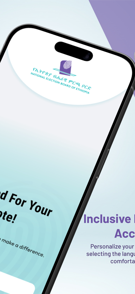 Screenshot of the Mirchaye app interface featuring the National Election Board of Ethiopia logo and inclusive accessibility settings