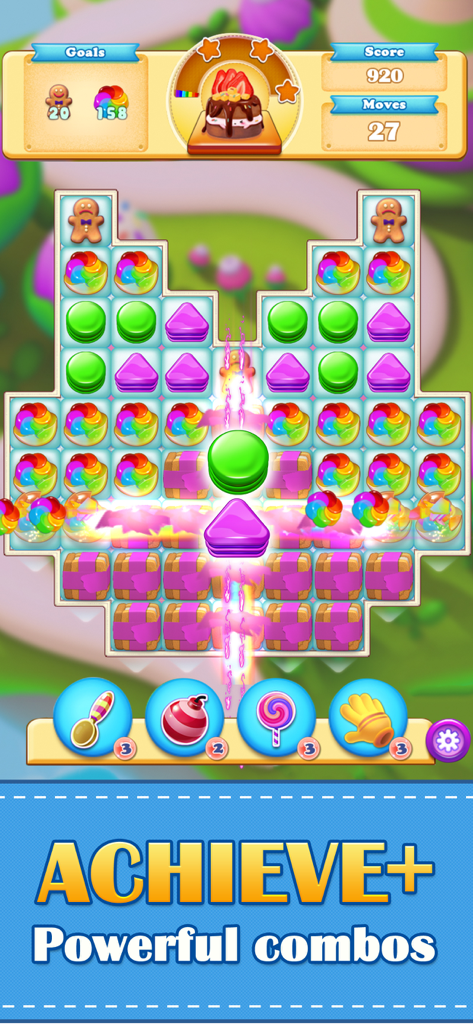 Dream Match - Fun Puzzle Games - A match-3 puzzle game screen from Dream Match showing colorful candy pieces and a powerful combo animation