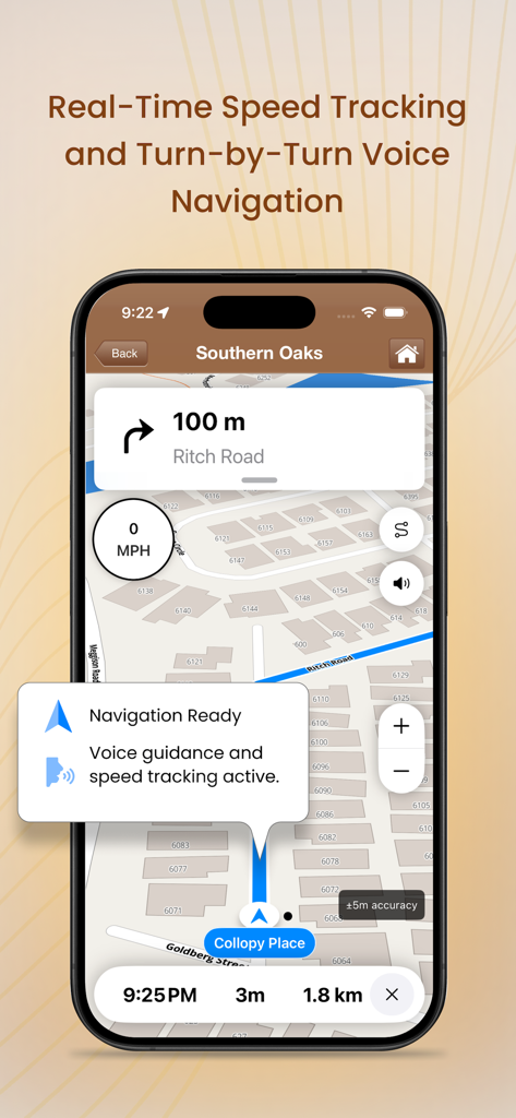 Screenshot of the Villages GPS app interface showing turn-by-turn voice navigation and real-time speed tracking for golf cart trails.