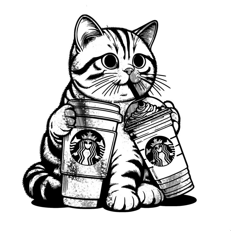 realistic cat drinking realistic starbucks coffee