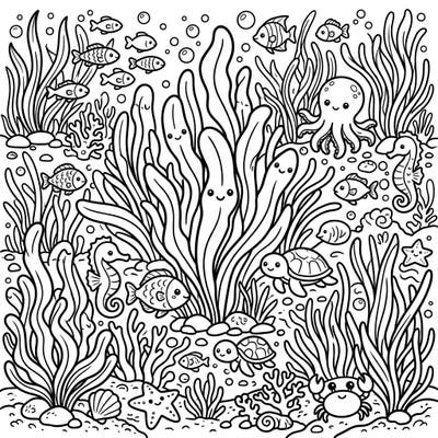 Explore an enchanting undersea world with our adorable Kawaii Seagrasses coloring page. Filled with friendly fish, cute turtles, and charming marine plants, it’s a delightful dive into creativity for all ages.