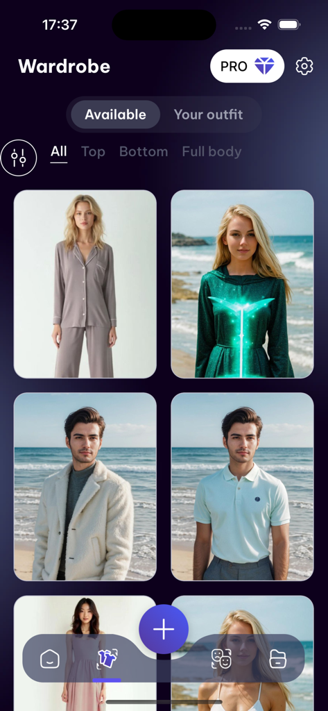 AI DressUp app interface showing a virtual wardrobe with various outfit options for fashion try-on