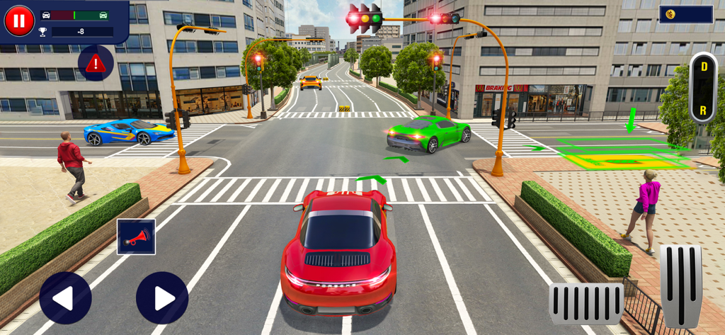 Car Driving Simulator Game - A red sports car at a city intersection with traffic lights and pedestrians in a driving simulator game.