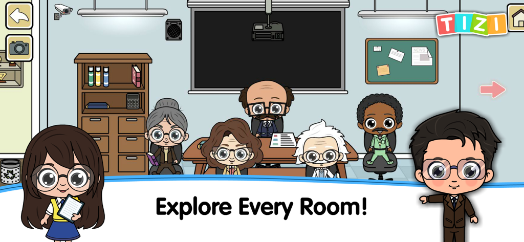 My Tizi School Cafe World Game - Cartoon teachers and students in a school classroom in My Tizi School Cafe World Game