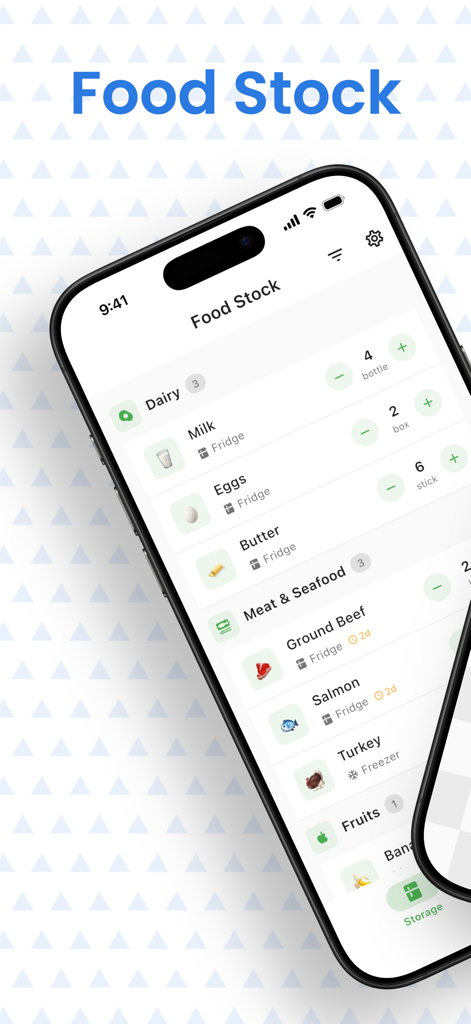 A smartphone showing the Food Stock Master app interface with a categorized list of food items and their storage locations.