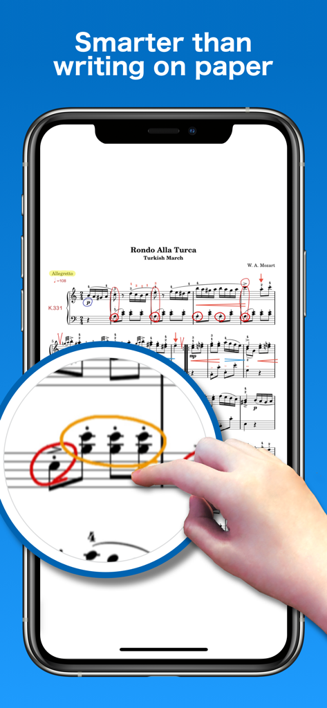 Pantalla de iPhone mostrando la app Piascore con una partitura y una burbuja de zoom que muestra anotaciones digitales en notas de piano