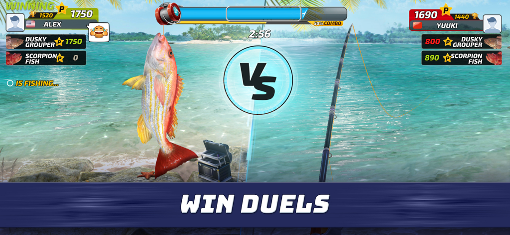 A competitive fishing duel in Fishing Clash showing a large fish caught and player scores