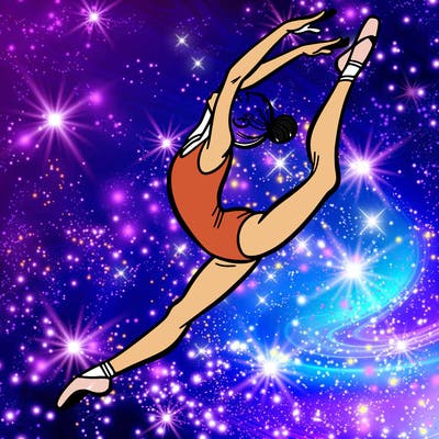gymnast doing a leap in a leotard with a bent back leg